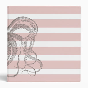 Nautical Vintage Octopus on Coastal Pink Stripes Binder