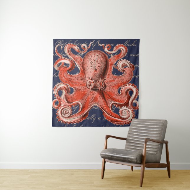Nautical Vintage Octopus Tapestry (In Situ)