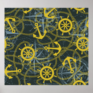 Nautical vintage pattern, anchor and map. poster