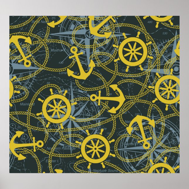 Nautical vintage pattern, anchor and map. poster (Front)