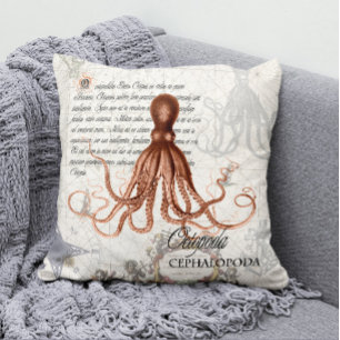 Nautical Vintage Red Octopus Illustration Throw Pillow