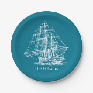 Nautical Vintage Sailing Ship Personalized Paper Plate