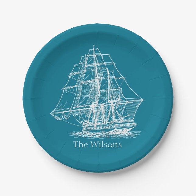 Nautical Vintage Sailing Ship Personalized Paper Plate (Front)