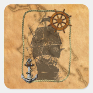 Nautical Vintage Ship And Map Square Sticker