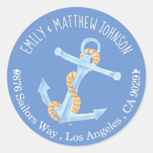 Nautical Watercolor Anchor Blue Return Address Classic Round Sticker