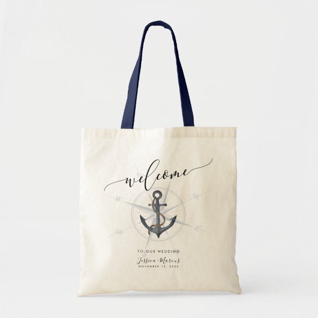 Nautical Watercolor Anchor Compass Welcome Tote Bag (Front)