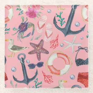 Nautical Watercolor Anchor Starfish Pattern Glass Coaster