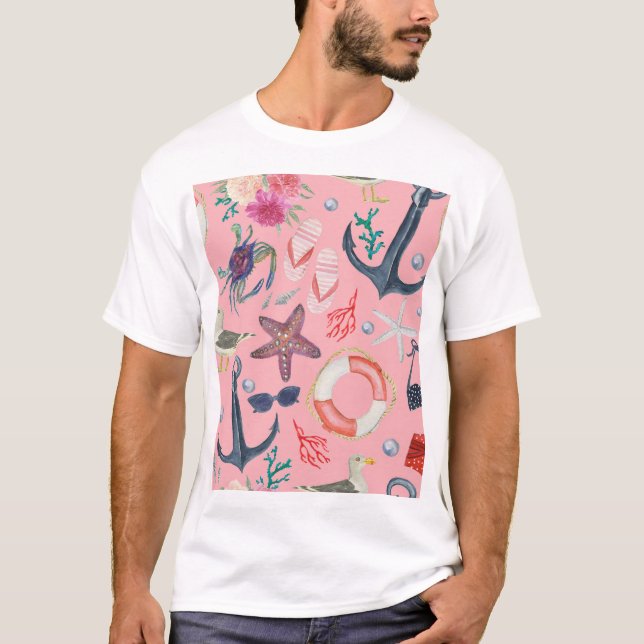 Nautical Watercolor Anchor Starfish Pattern T-Shirt (Front)