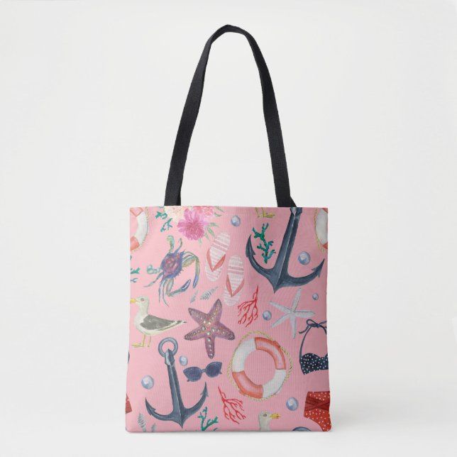 Nautical Watercolor Anchor Starfish Pattern Tote Bag (Front)