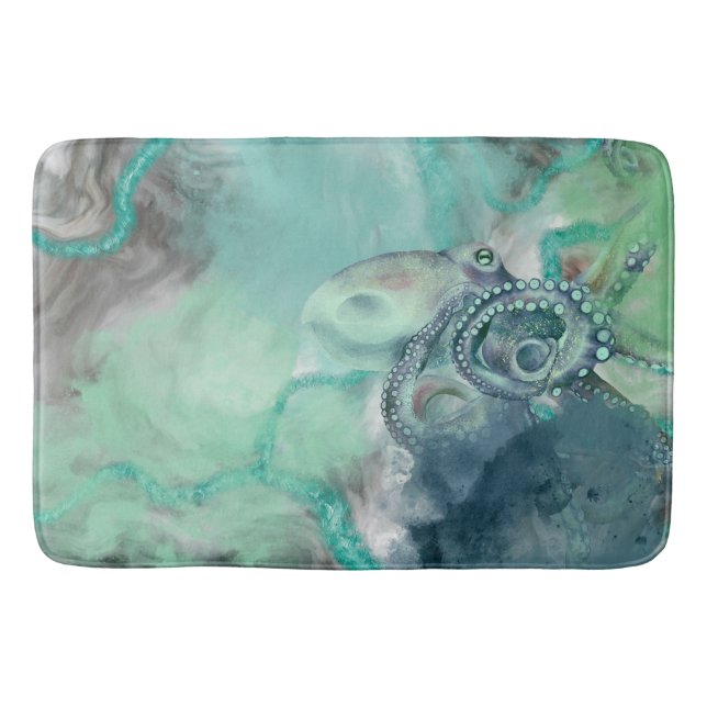 Nautical Watercolor Aqua Ocean Octopus  Bath Mat (Front)