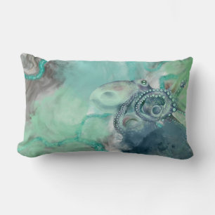 Nautical Watercolor Aqua Ocean Octopus Lumbar Pillow