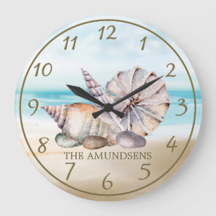 Nautical Watercolor Beach Seashells Large Clock