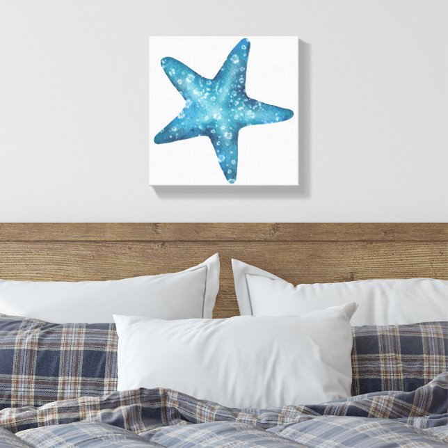 Nautical Watercolor Blue Starfish Canvas Print (Insitu(Bedroom))