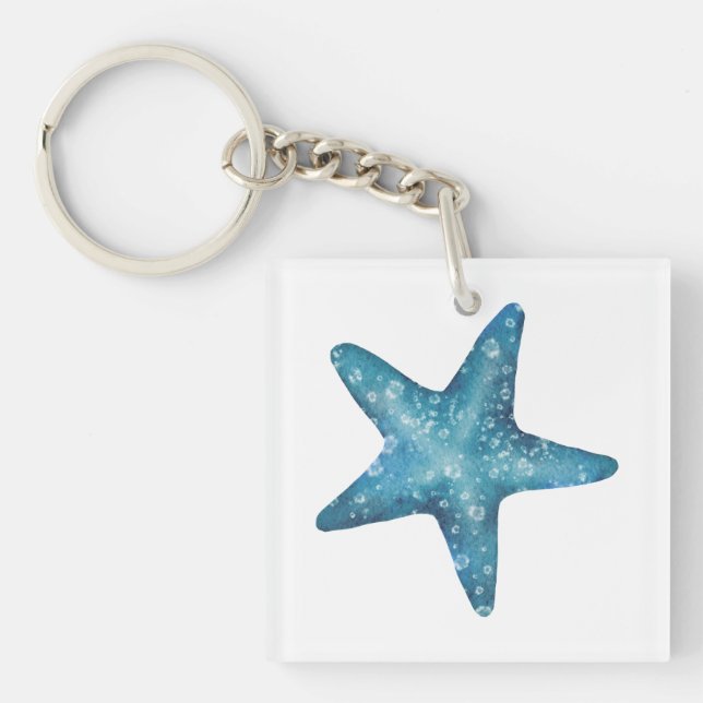 Nautical Watercolor Blue Starfish Keychain (Front)