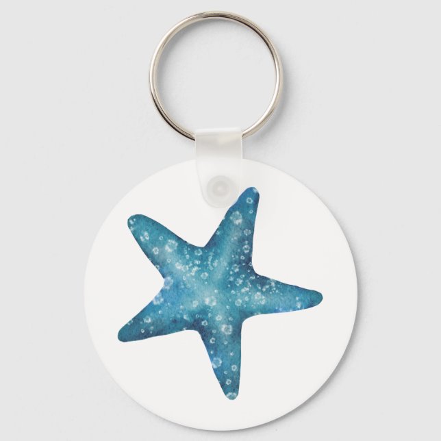 Nautical Watercolor Blue Starfish Keychain (Front)
