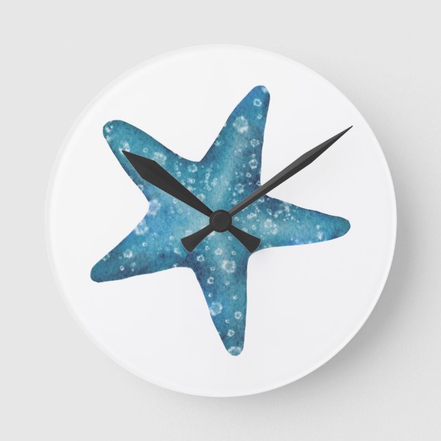 Nautical Watercolor Blue Starfish Round Clock (Front)