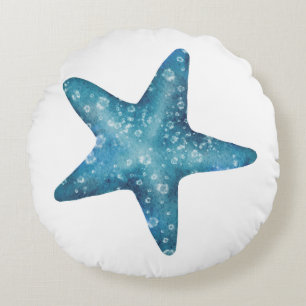 Nautical Watercolor Blue Starfish Round Pillow