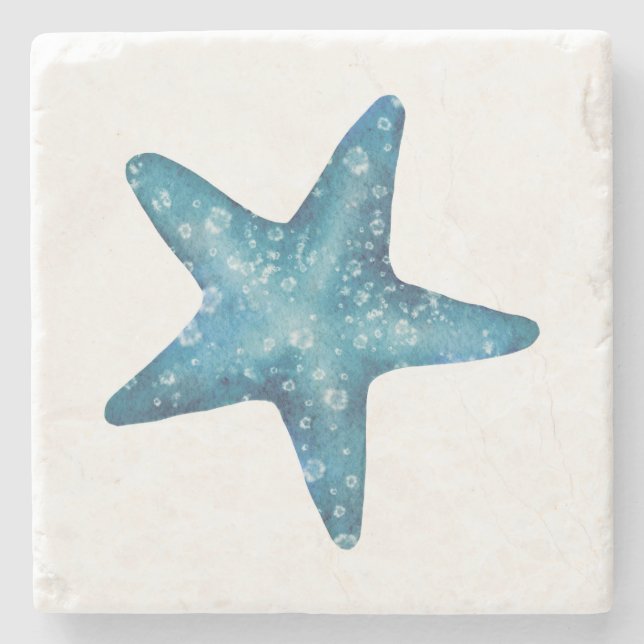 Nautical Watercolor Blue Starfish Stone Coaster (Front)