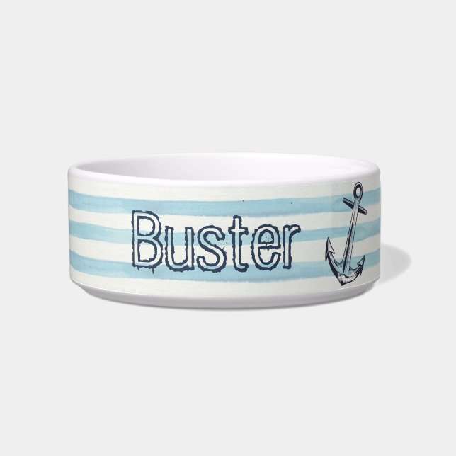 Nautical Watercolor Blue Striped Anchor Dog Name Bowl (Front)