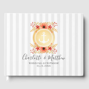 Nautical Watercolor Floral Gold Anchor Wedding Guest Book