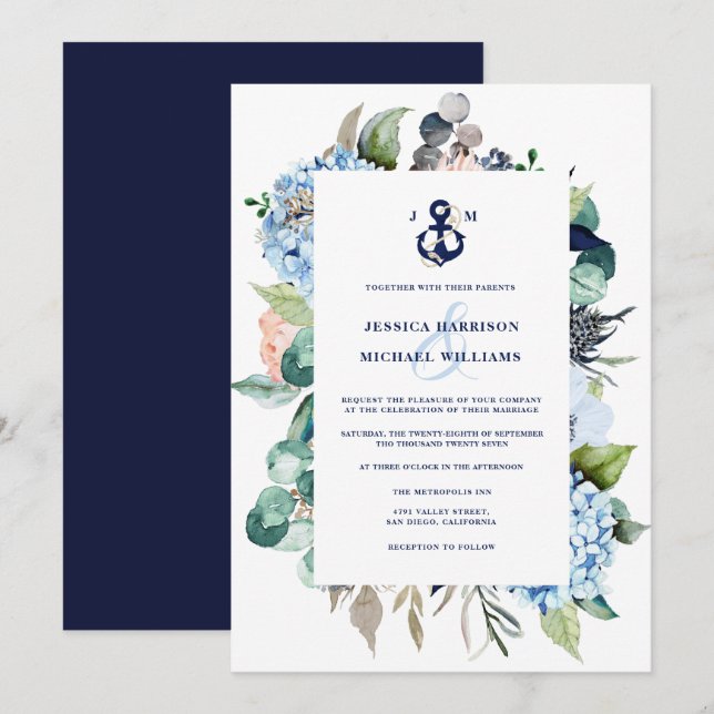 Nautical Watercolor Floral Hydrangea Wedding Invitation (Front/Back)