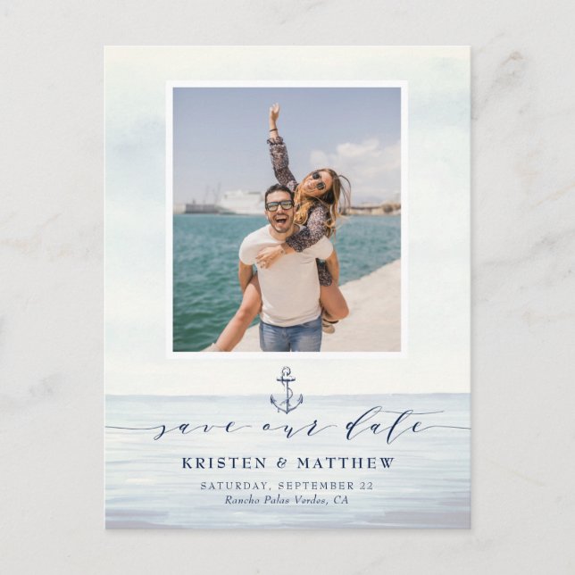 Nautical Watercolor Ocean Photo Save The Date Announcement Postcard (Front)