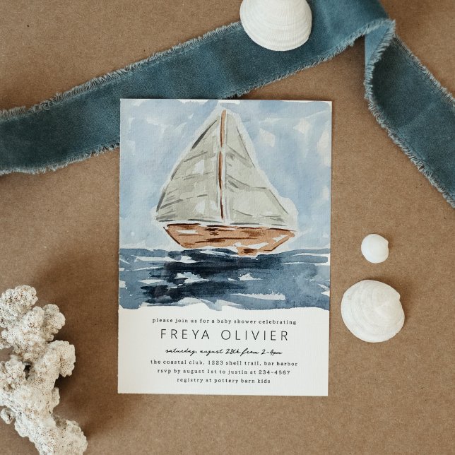 Nautical Watercolor Sailboat Painting Baby Shower Invitation (Blue nautical watercolor sailboat modern baby shower invitation.)