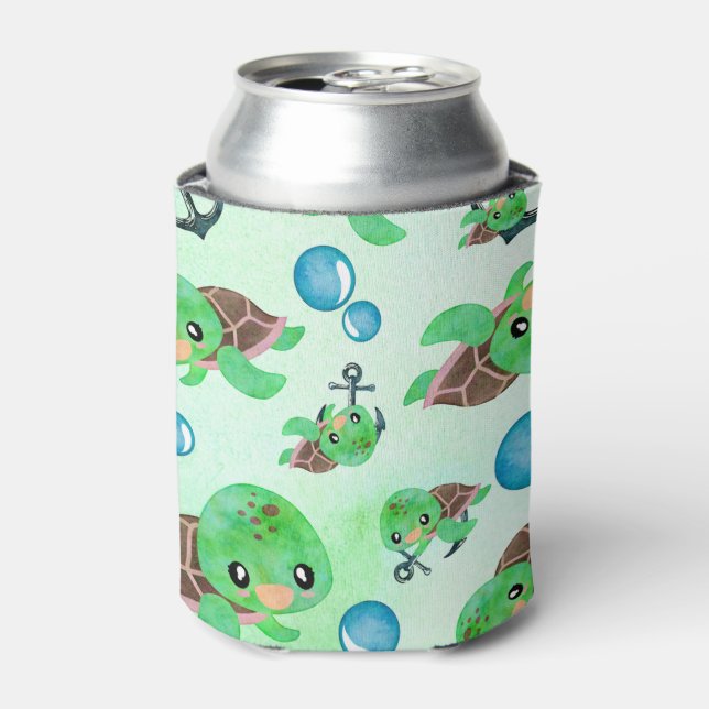 Nautical Watercolor Sea Turtle Anchors & Bubbles Can Cooler (Can Front)