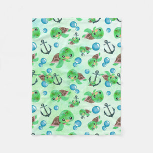 Nautical Watercolor Sea Turtle Anchors & Bubbles Fleece Blanket