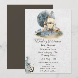 Nautical Watercolor Ship and Full Moon Wedding Invitation
