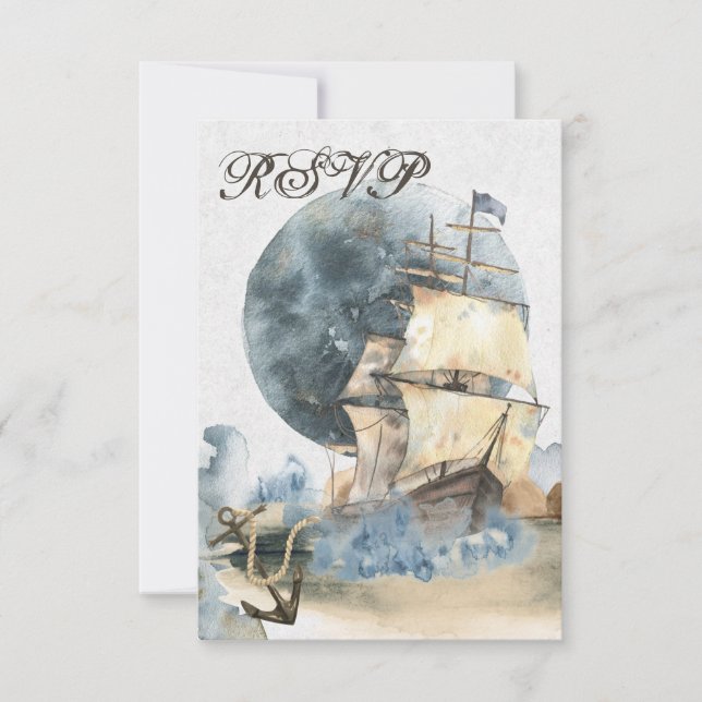 Nautical Watercolor Ship and Full Moon Wedding RSVP Card (Front)