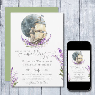 Nautical Watercolor Ship Sailing Lavender Wedding Invitation
