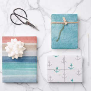 Nautical Watercolor Stripe Anchors Mix n Match Wrapping Paper Sheet