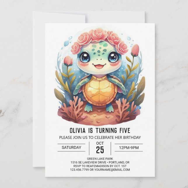 Nautical Watercolor Turtle Girl Birthday Invitation (Front)