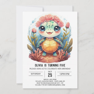 Nautical Watercolor Turtle Girl Birthday Invitation