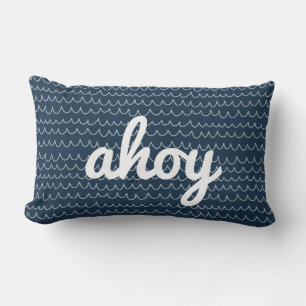 Nautical Wave Modern Coastal Ahoy Script Lumbar Pillow