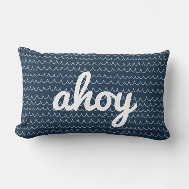 Nautical Wave Modern Coastal Ahoy Script Lumbar Pillow (Front)