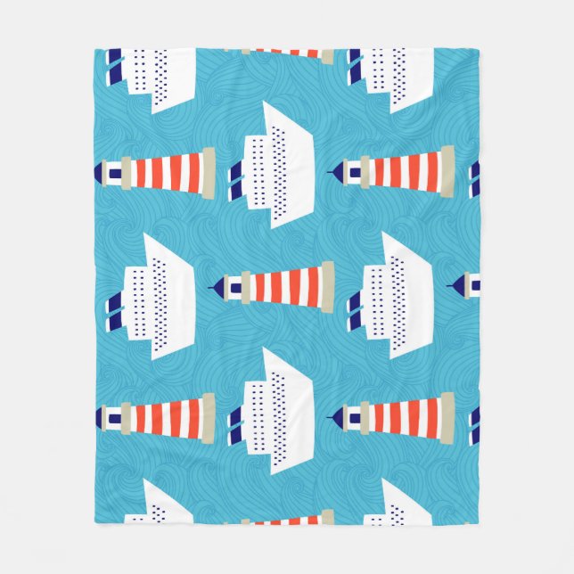 Nautical Waves: Lighthouse Cruiser Pattern. Fleece Blanket (Front)