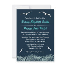 Nautical Waves & Seagulls Navy Wedding Invitations