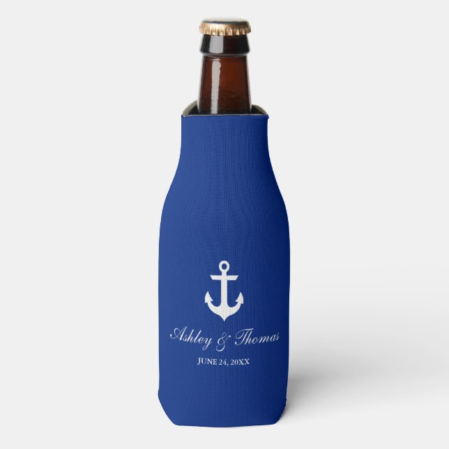 Nautical Wedding Anchor Blue Bottle Cooler (Bottle Front)