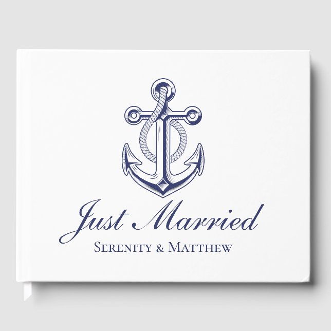 Nautical Wedding Anchor Navy Blue Just Married  Guest Book (Front)