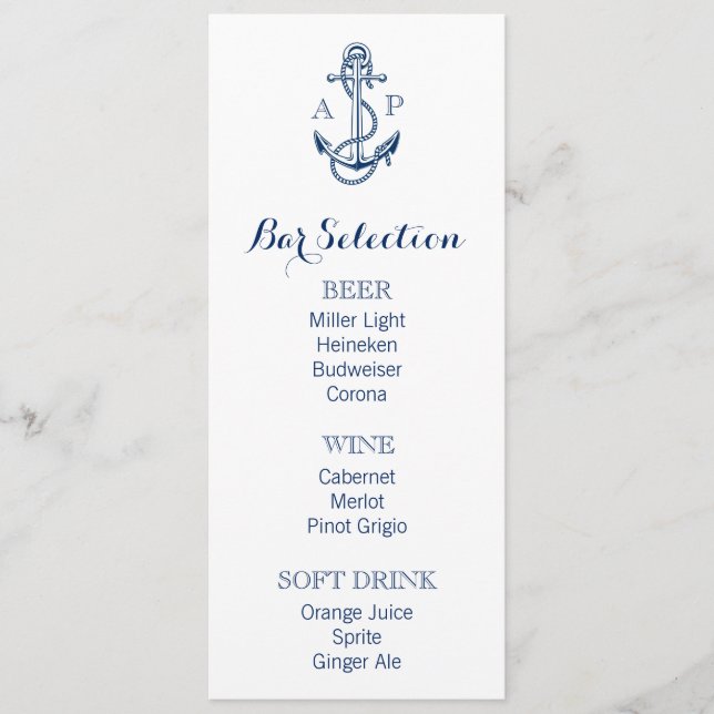 Nautical Wedding Bar Menu with anchor and initials (Front)
