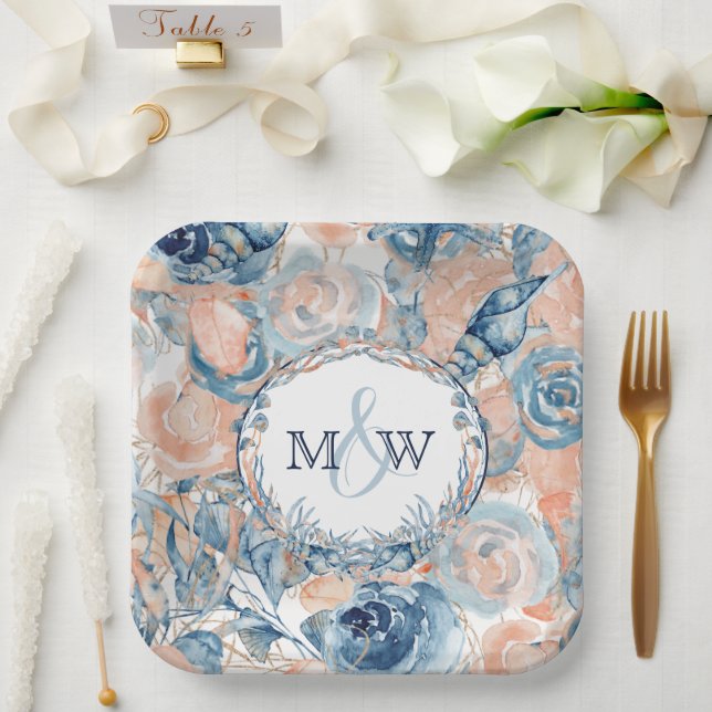 Nautical Wedding Beach Sea Shell and Roses, Paper Plate (Wedding)