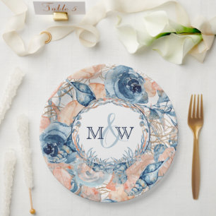 Nautical Wedding Beach Sea Shell and Roses, Paper Plate