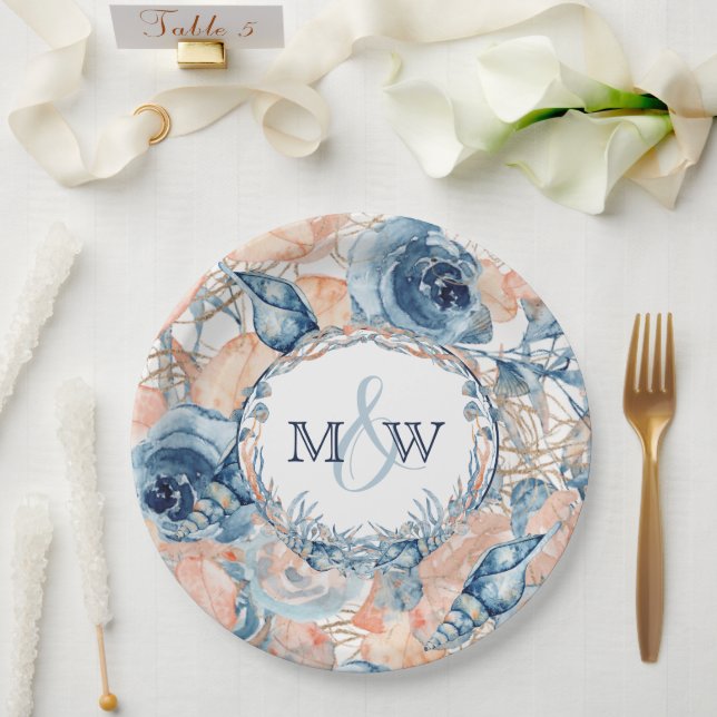 Nautical Wedding Beach Sea Shell and Roses, Paper Plate (Wedding)
