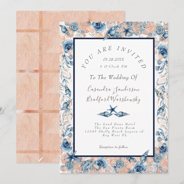 Nautical Wedding Beach Sea Shell Flowers Rose LT Invitation (Front/Back)