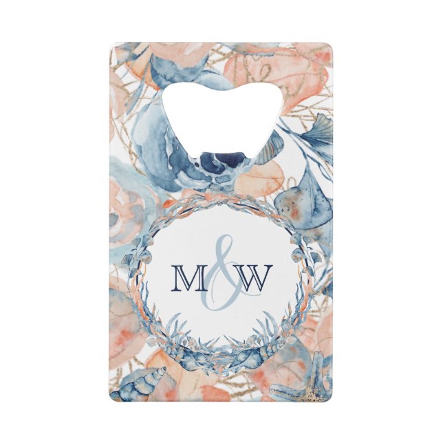 Nautical Wedding Beach Seashell and Roses Credit Card Bottle Opener (Back)