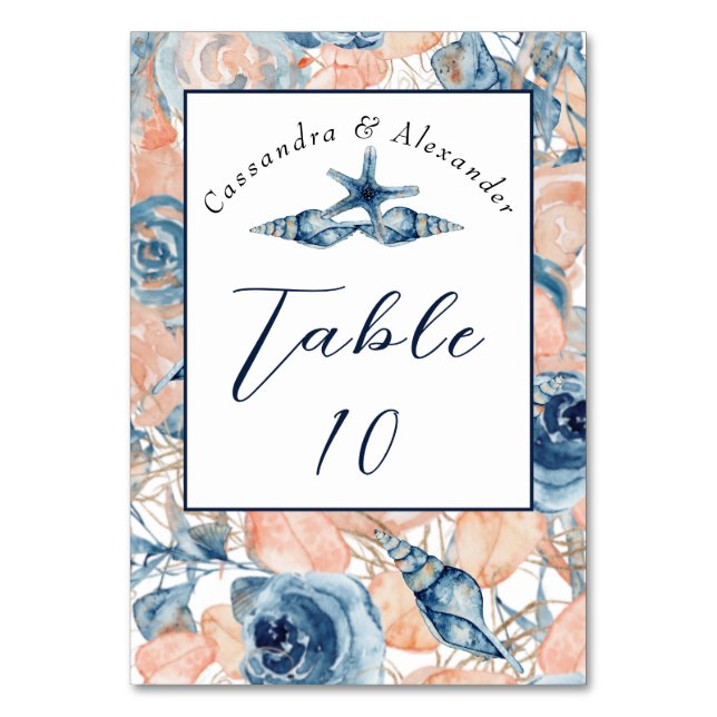 Nautical Wedding Beach Seashell and Roses, Table Number (Front)