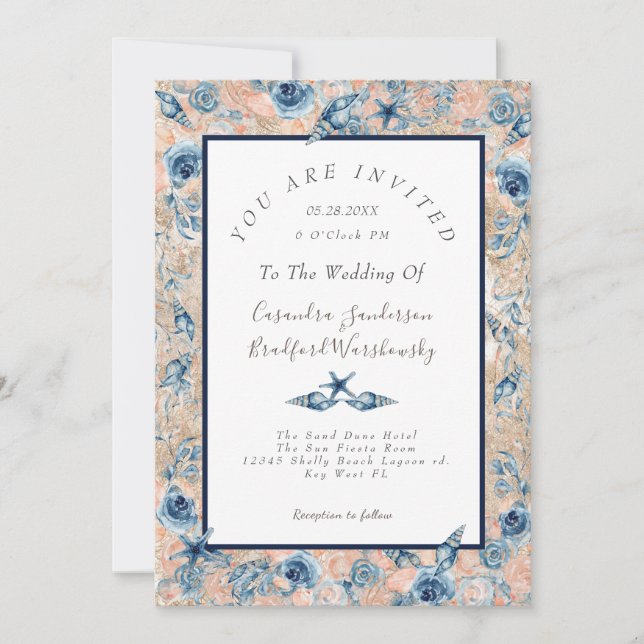 Nautical Wedding Beach Seashell Flowers Roses Wed Invitation (Front)