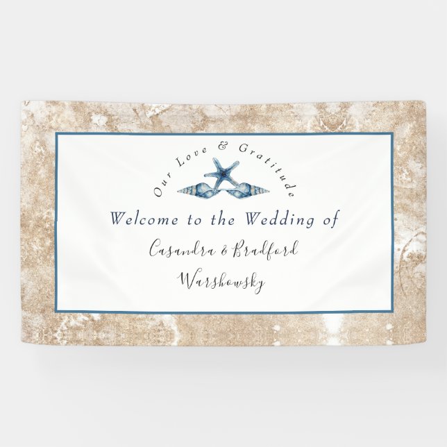 Nautical Wedding Beach Seashell Roses  Coral  Blue Banner (Horizontal)